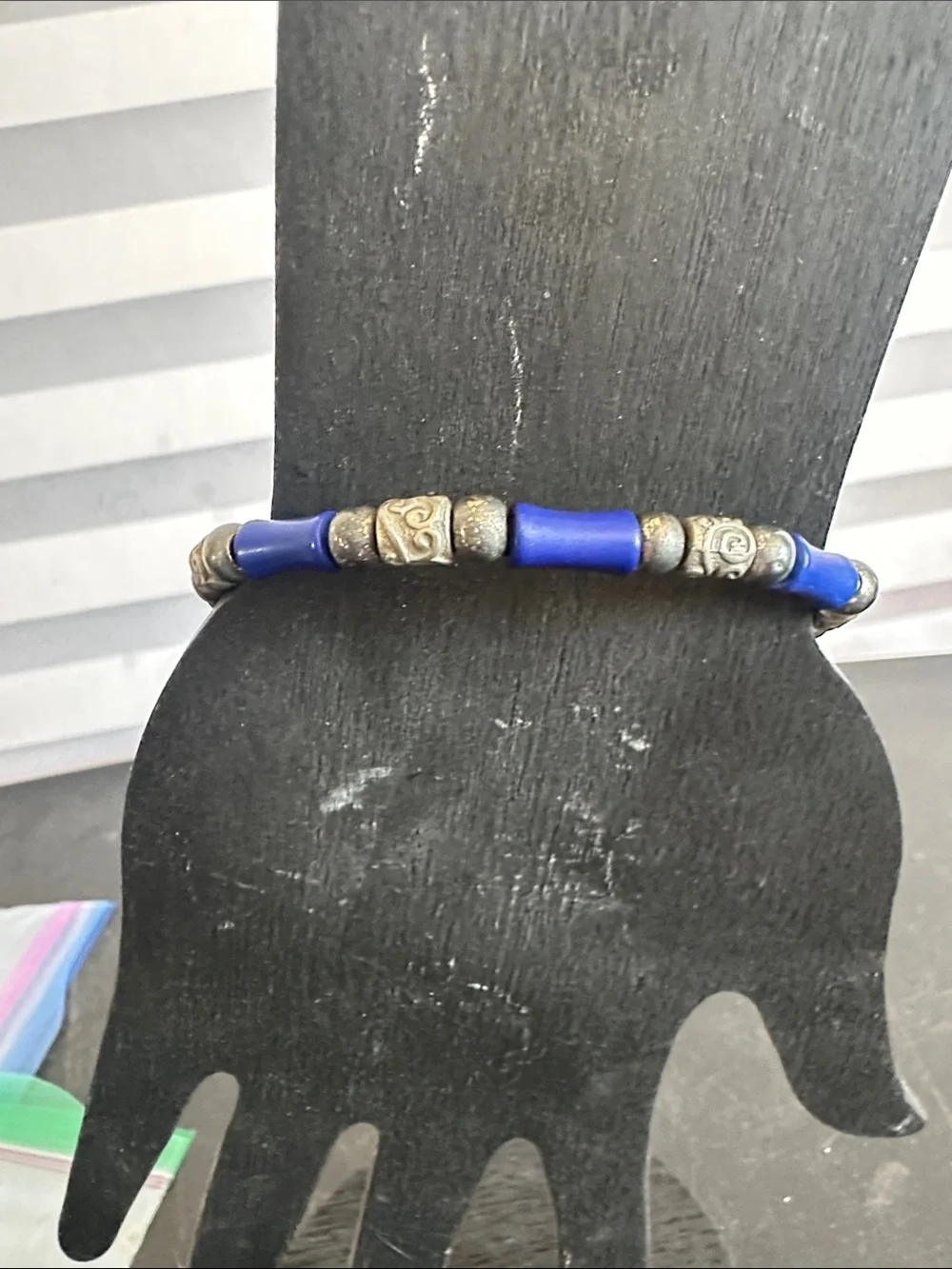 Blue and Silver Tone Link Bracelet Charm Statement Vintage Style Shiny Fashion